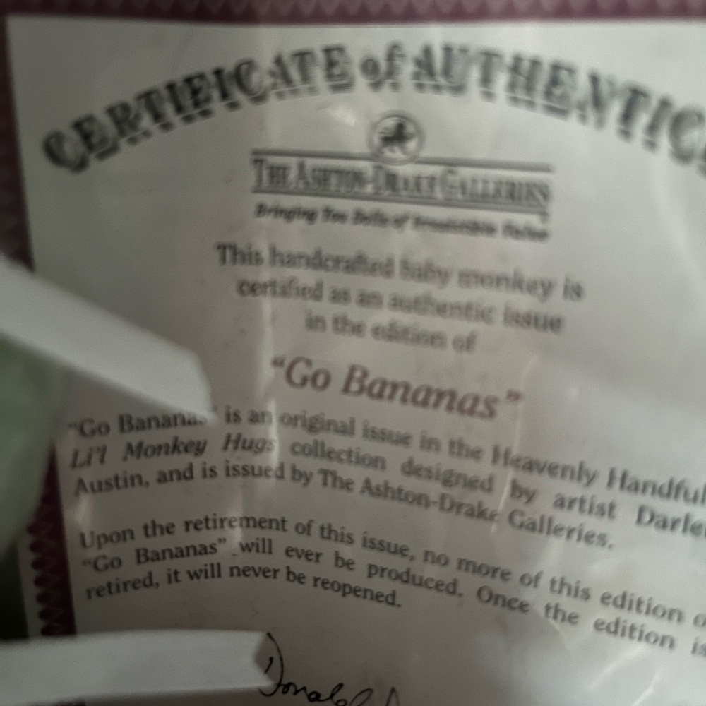 Ashton-Drake Galleries 'Go Bananas' Certificate